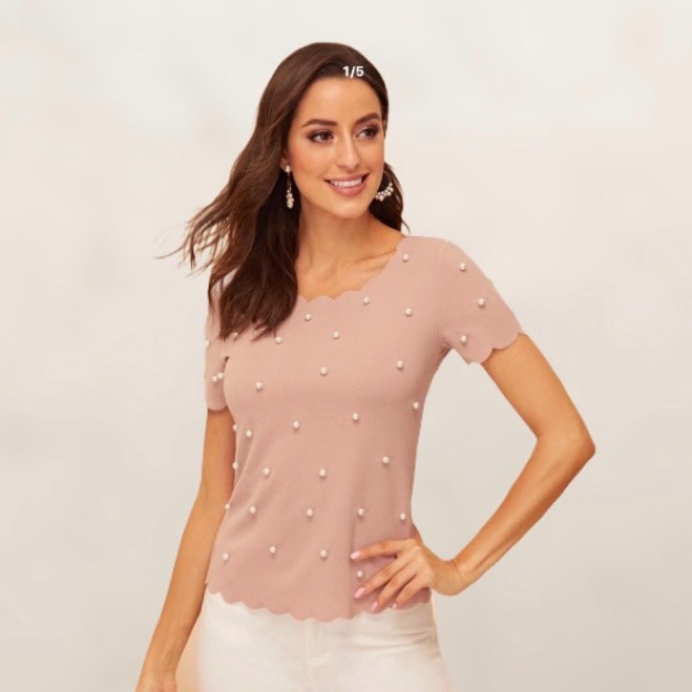 SHEIN-Scallop Trim Blush Blouse w/Pearls-NWOT-Sz Med.